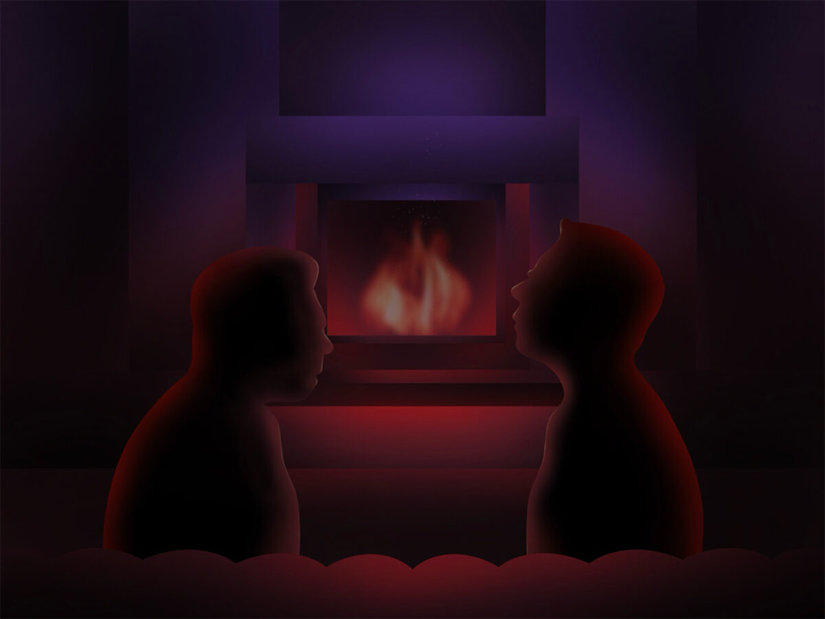 Illustration von Amthor am Kamin im Gespräch mit einer anderen Person