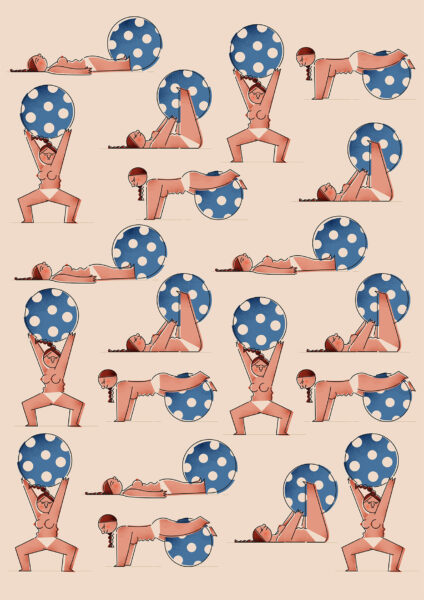 Humorvolle Illustrationen einer Frau mit Gymnastikball