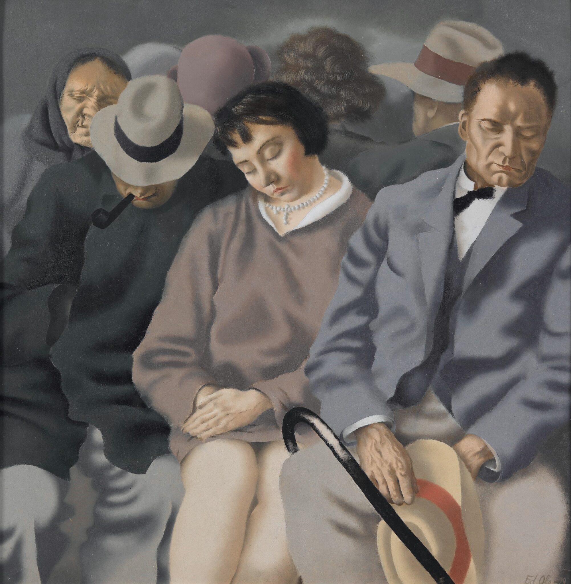 Gemälde von Eduard Ole (1929) zeigt schlafende Passagiere in einem Zug, mit verschiedenen Gesichtsausdrücken und Kleidung.